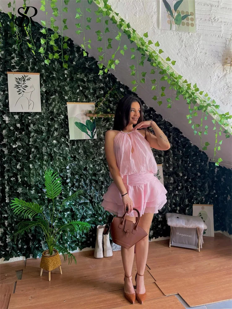 SINGREINY Strap Chiffon Mini Dress Female Pearl Halter Sleeveless Backless Sexy Design Fairycore Vacation Summer Ruffles Dress