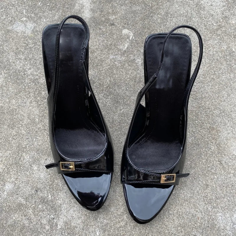 Sexy Red Patent Leather High Heels Women Summer Luxury Designer Metal Buckle Belt Back Strap Designer Sandals Sandalias Mujer