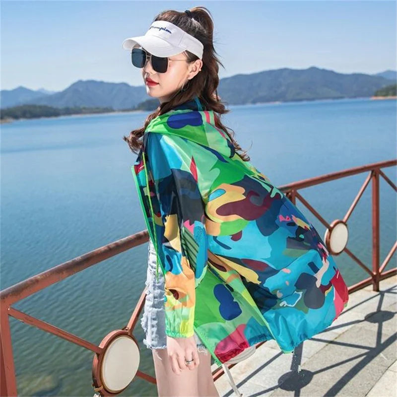 Female 2024 Summer New Camouflage Thin Sun Protection Clothing Women Short Anti-Ultraviolet Korean Sun Protection Clothing A1137