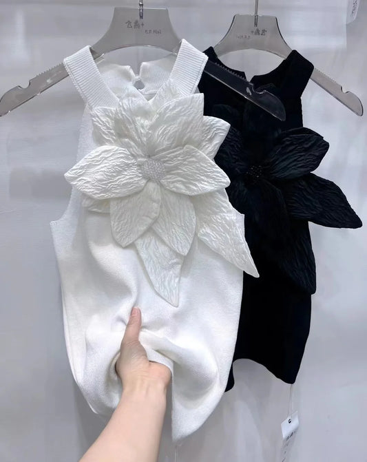 Black White 3D Diamonds Flower Stitch Sleeveless Knitted Top Slim Fit Halter Vest 2025 Sring Summer Knitwear Sexy Crop Tank Top