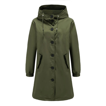 Spring Autumn Women's Trench Coat Water-Repellent Hooded Windbreaker Outdoor Loose Casual Zipper Long Jacket