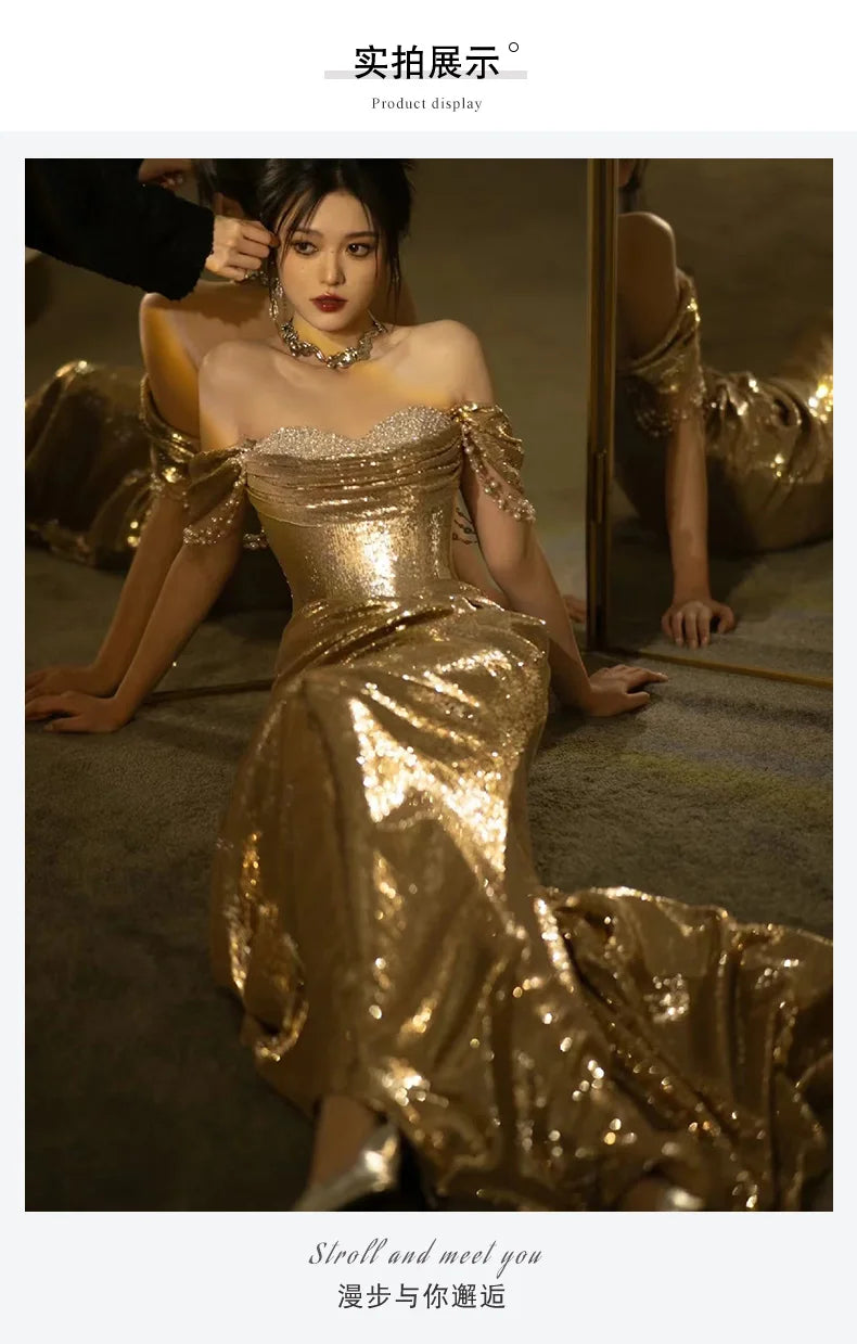 Mauroicardi Spring Autumn Praty Evening Dresses Woman Off Shoulder Backless Elegant Chic Luxury Floor Length Gold Sequin Clothes