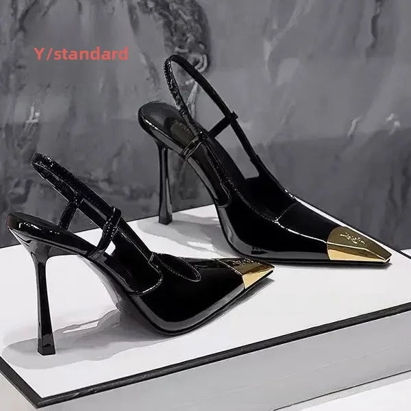 High Quality Yangshenglin Metal Head Thin Heel High Heels 2025 Hot Black Patent Leather Covering Square Head Elegant Lady Style