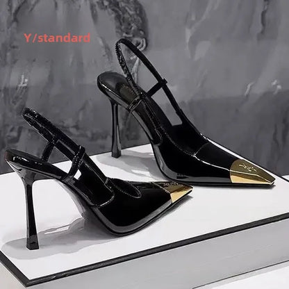 High Quality Yangshenglin Metal Head Thin Heel High Heels 2025 Hot Black Patent Leather Covering Square Head Elegant Lady Style