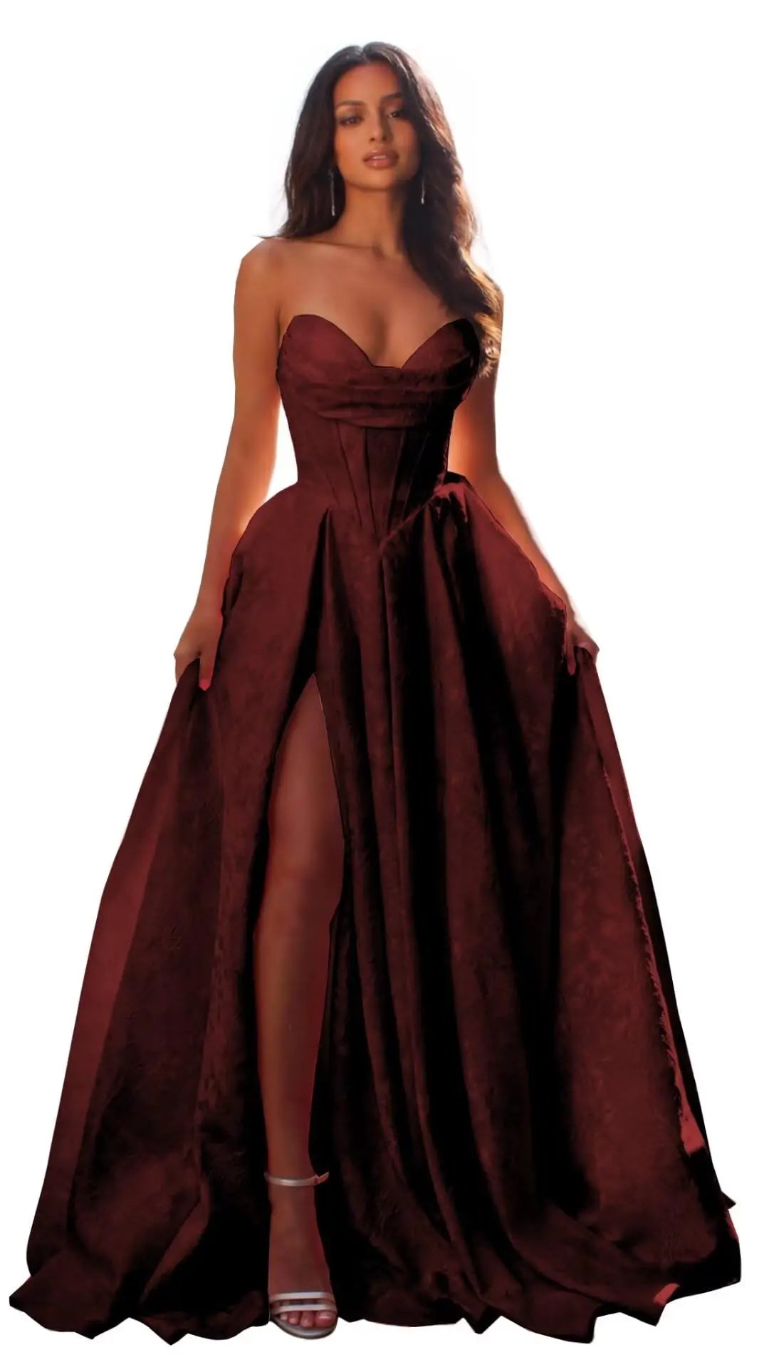 Women Elegant Jacquard Satin Prom Dresses with Slit Strapless Corset A Line Long Formal Gowns Evening Gowns Party Dresses