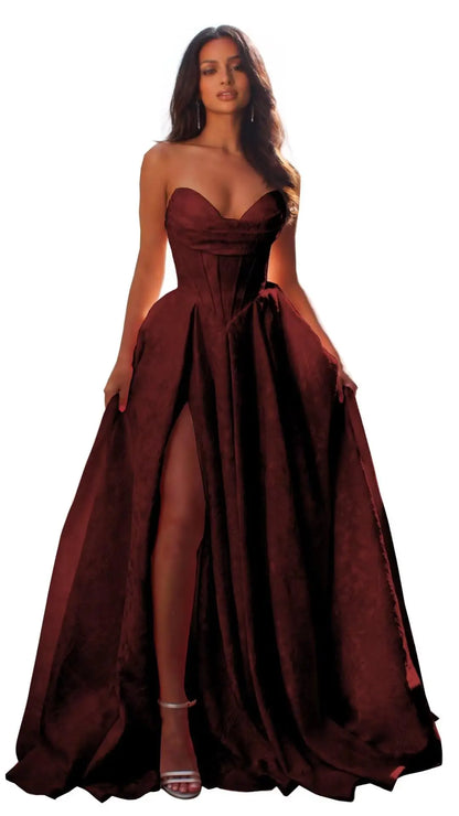 Women Elegant Jacquard Satin Prom Dresses with Slit Strapless Corset A Line Long Formal Gowns Evening Gowns Party Dresses