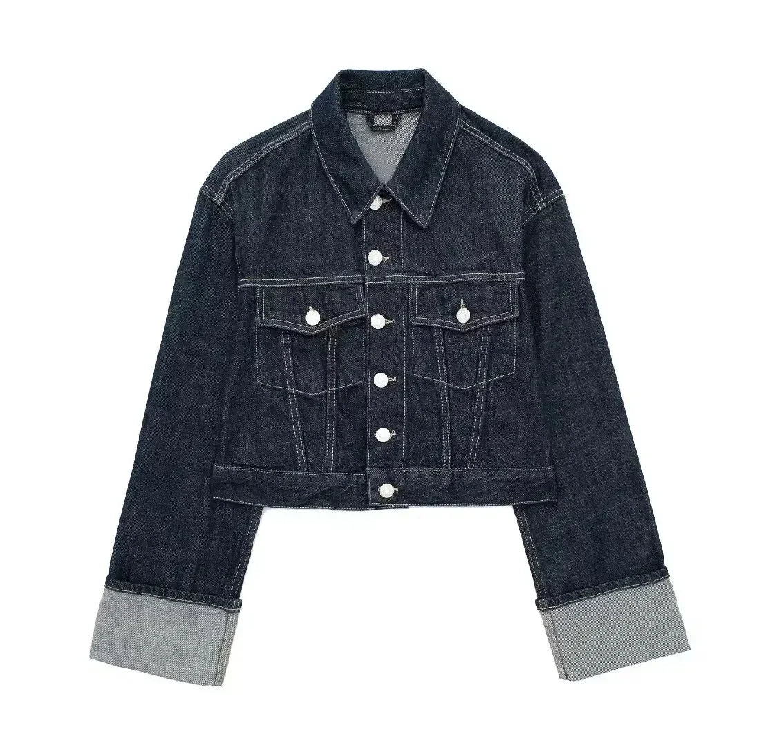 Women's Fashion Suit Retro Splicing Single-breasted Pocket Denim Jacket+High-waisted Women's Zippered Wide-leg Pants 2-piece Set