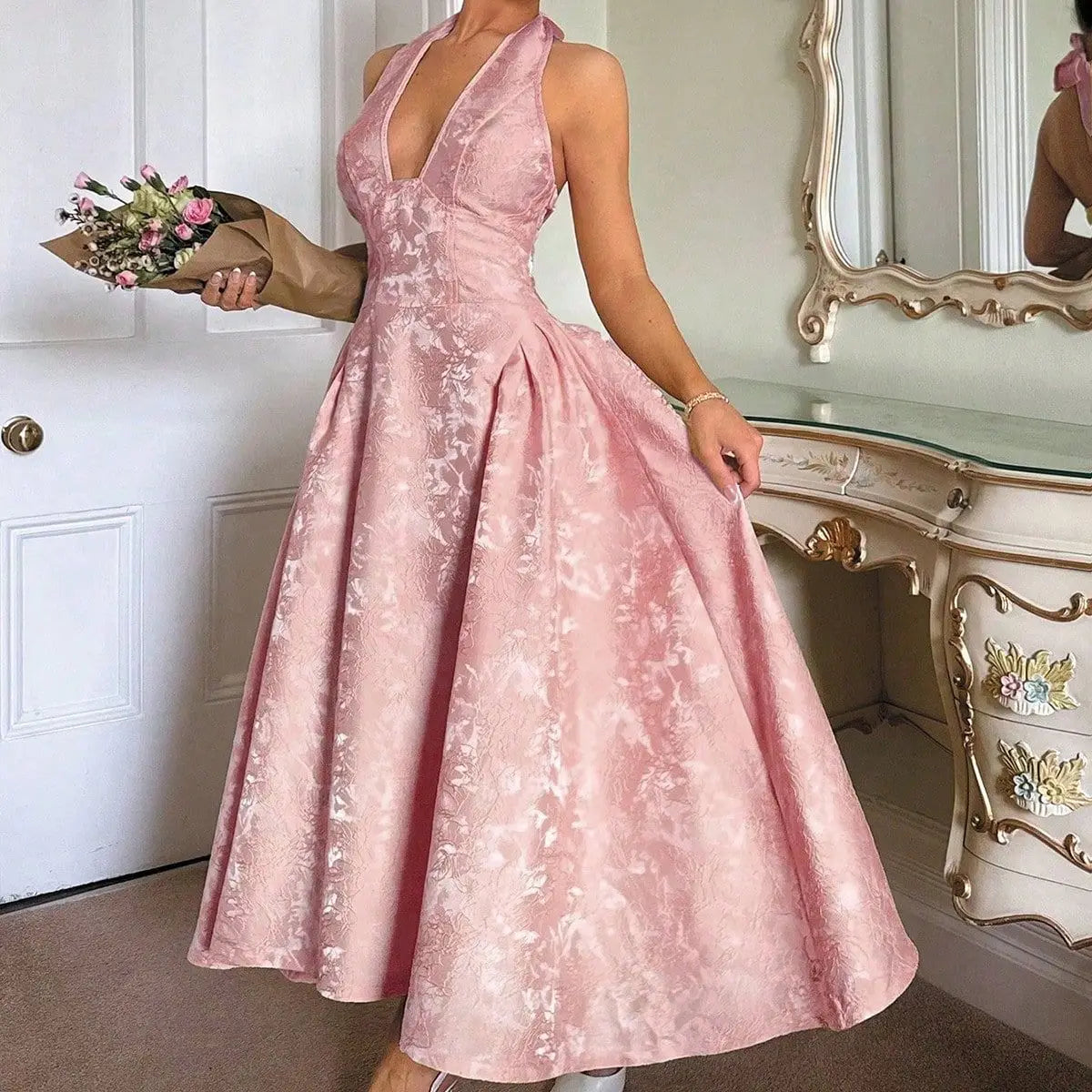 Evening Party Dresses Women Summer Sexy Bow Halter Long Dress Elegant Jacquard Lace Up Backless Birthday Robe