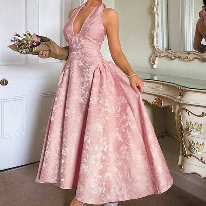 Evening Party Dresses Women Summer Sexy Bow Halter Long Dress Elegant Jacquard Lace Up Backless Birthday Robe