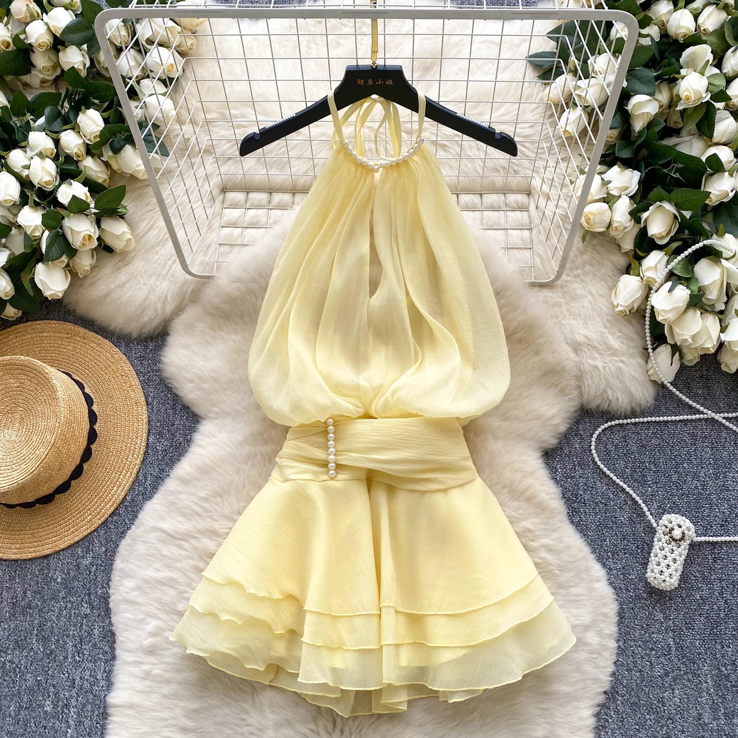 SINGREINY Strap Chiffon Mini Dress Female Pearl Halter Sleeveless Backless Sexy Design Fairycore Vacation Summer Ruffles Dress