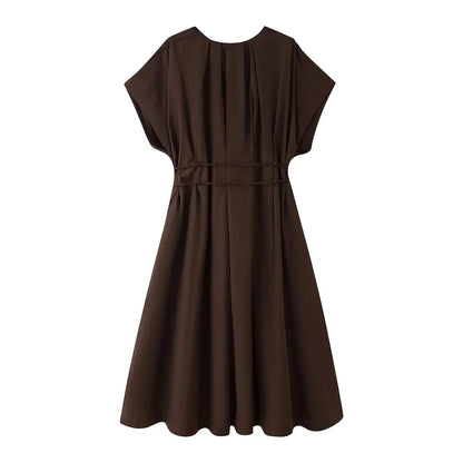 KONDALA 2026 Spring Summer Vintage Women Dress Fashion Single Breasted Sashes Draped V Neck Sleeveless Chic Brown Ladies Dresses