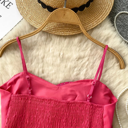 New French Sweet Strap Camisole Strapless 3D Floral Beading Diamonds Design Tops Elastic Ruched Slim Streetwear Tank Top