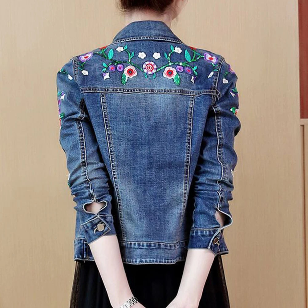 Embroidered denim jacket women's short 2025 spring and autumn new versatile elastic slim denim jacket Korean version jacket top