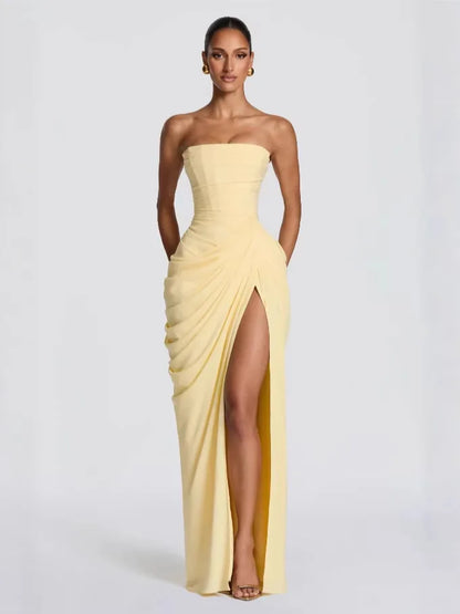 Women Sexy Solid Pleated Strapless Dress Lady Chic Off-shoulder Backless High Waist Split Dresses 2026 New Evening Party Gown