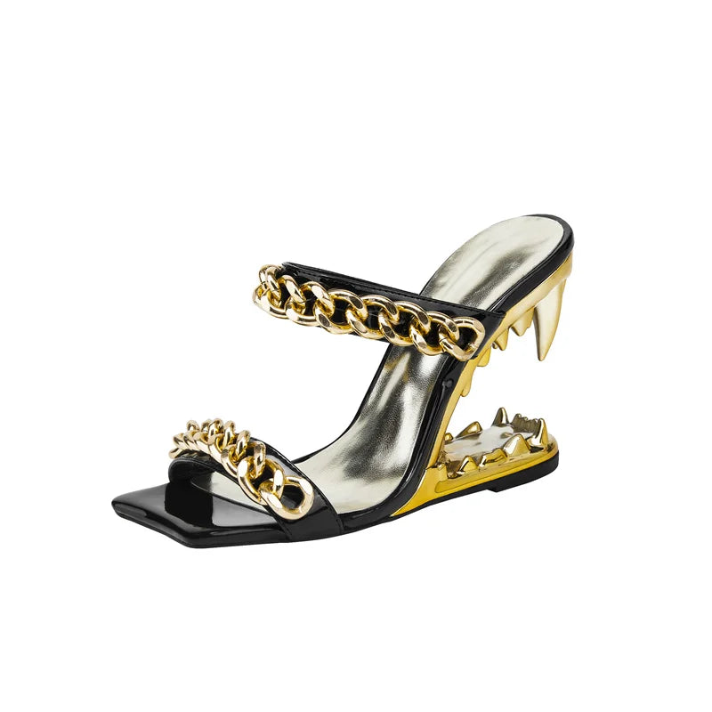 2026 Big Gold Chain Peep Toe Tiger Teeth Heel Sandals 2024 New Fashion Silvery Beach Party Outdoors Women's Slippers Size 35-43