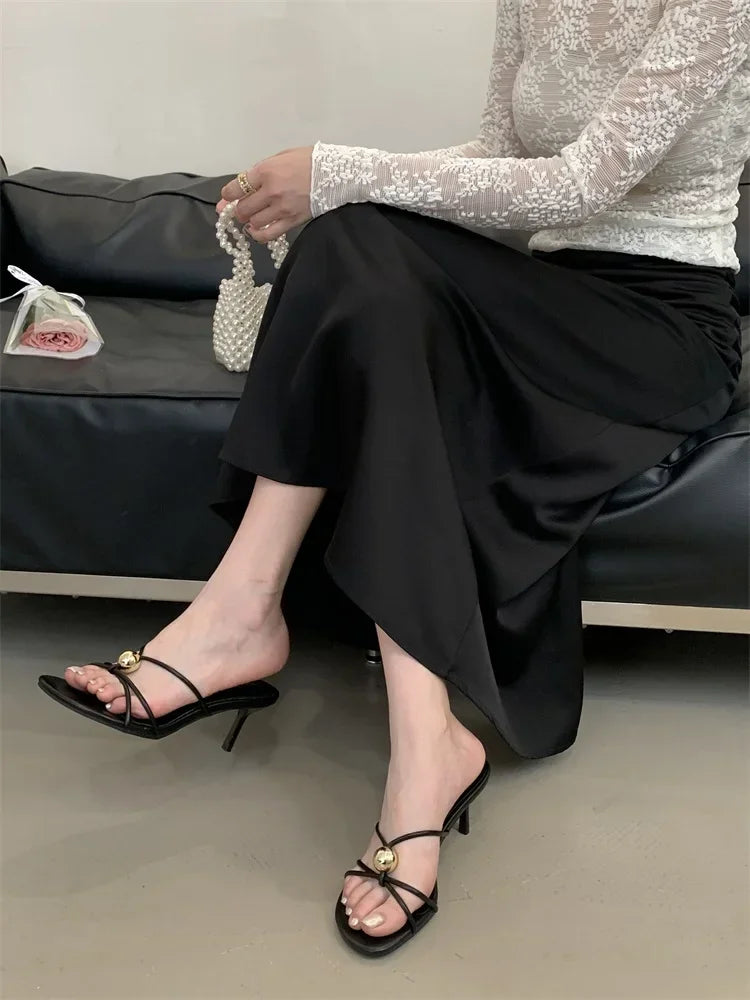 Aneikeh Fashion Low Thin Heels Design Narrow Band Women Slippers Narrow Band Round Head Sandal Mules Slides Shoes Zapatos Mujer