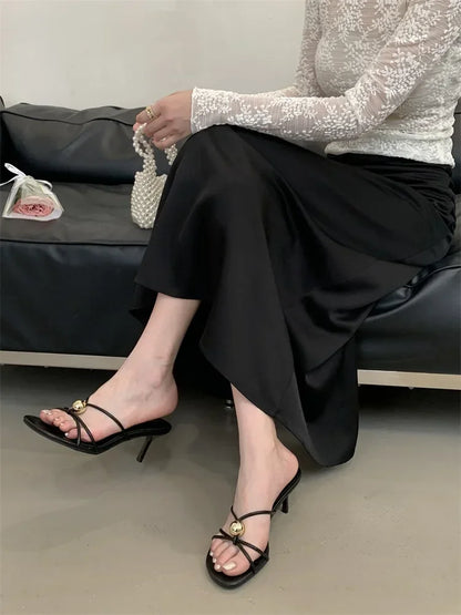 Aneikeh Fashion Low Thin Heels Design Narrow Band Women Slippers Narrow Band Round Head Sandal Mules Slides Shoes Zapatos Mujer