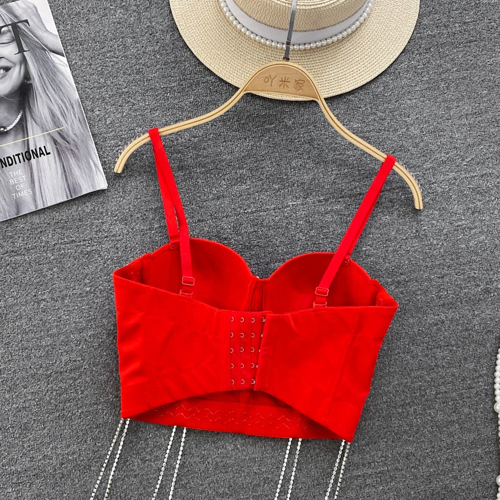 Women Chic Tassels  Pads Rhinestone Basic  Corset Straps Camis Slim  Hot Sexy Fashion Bare NavelBackless Tops Women Crop Top