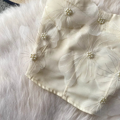 Embellished Short Crop Top Women's Vest with Chest Pad 3D Flower Decoration Slimming Effect Summer Fashion