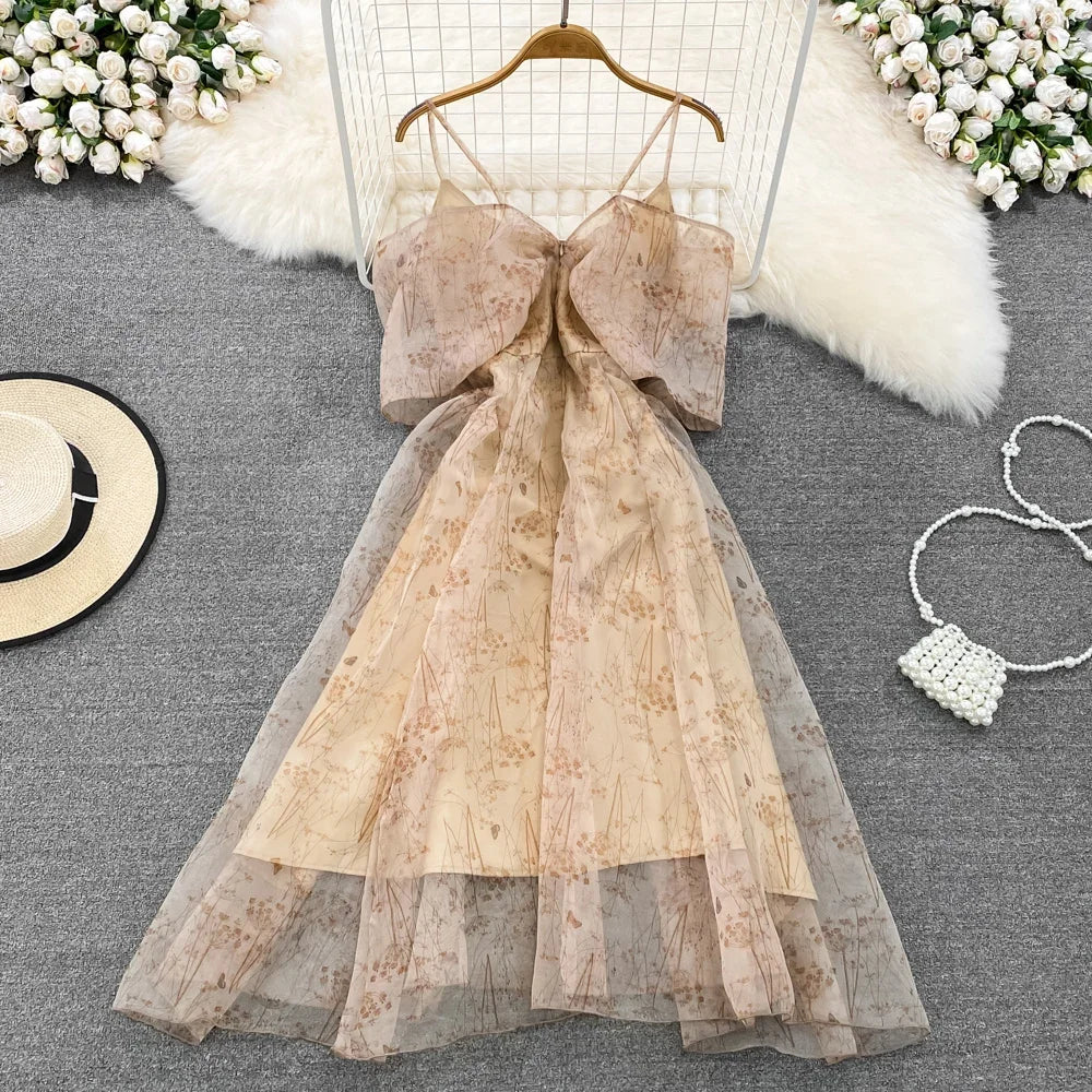Women Elegant Bow Sexy Chiffon Print A-line Dress Summer One Shoulder High Waist Slim Vintage Seaside Party Vacation Robe