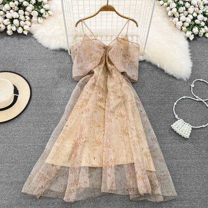 Women Elegant Bow Sexy Chiffon Print A-line Dress Summer One Shoulder High Waist Slim Vintage Seaside Party Vacation Robe