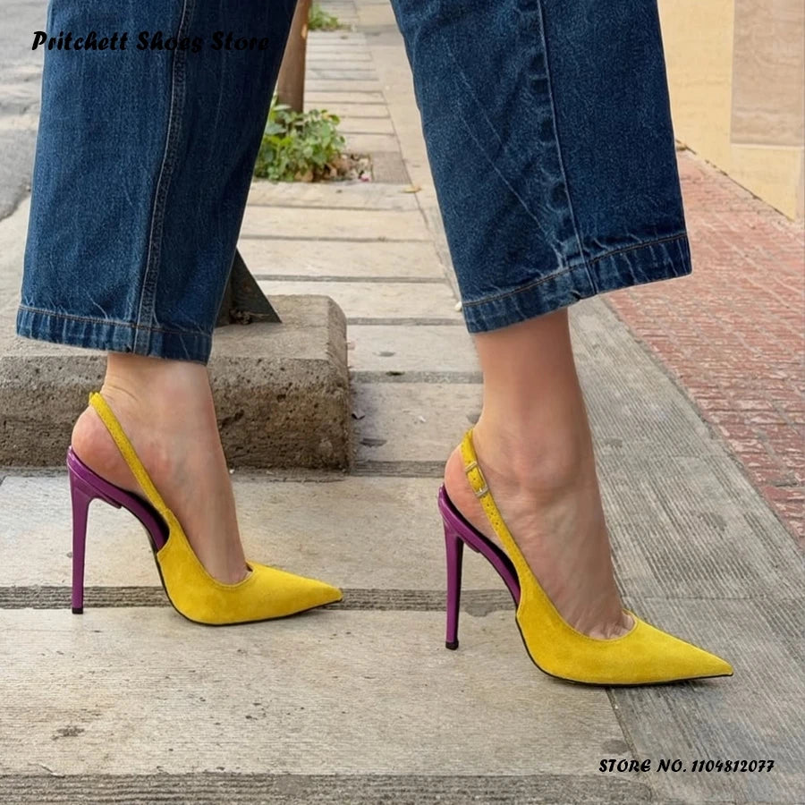 Women's Patchwork Slingback Pumps Elegant Shallow Buckle Strap Suede High Heels Pointed Toe Thin Heels Plus Size Footwear