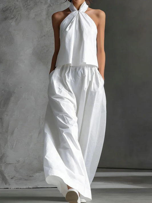 2026 Women Summer Casual Holiday Halter Sleeveless Pullover Top with Wide Leg Pants Two-Piece Set Backless Patchwork Chic Outfit