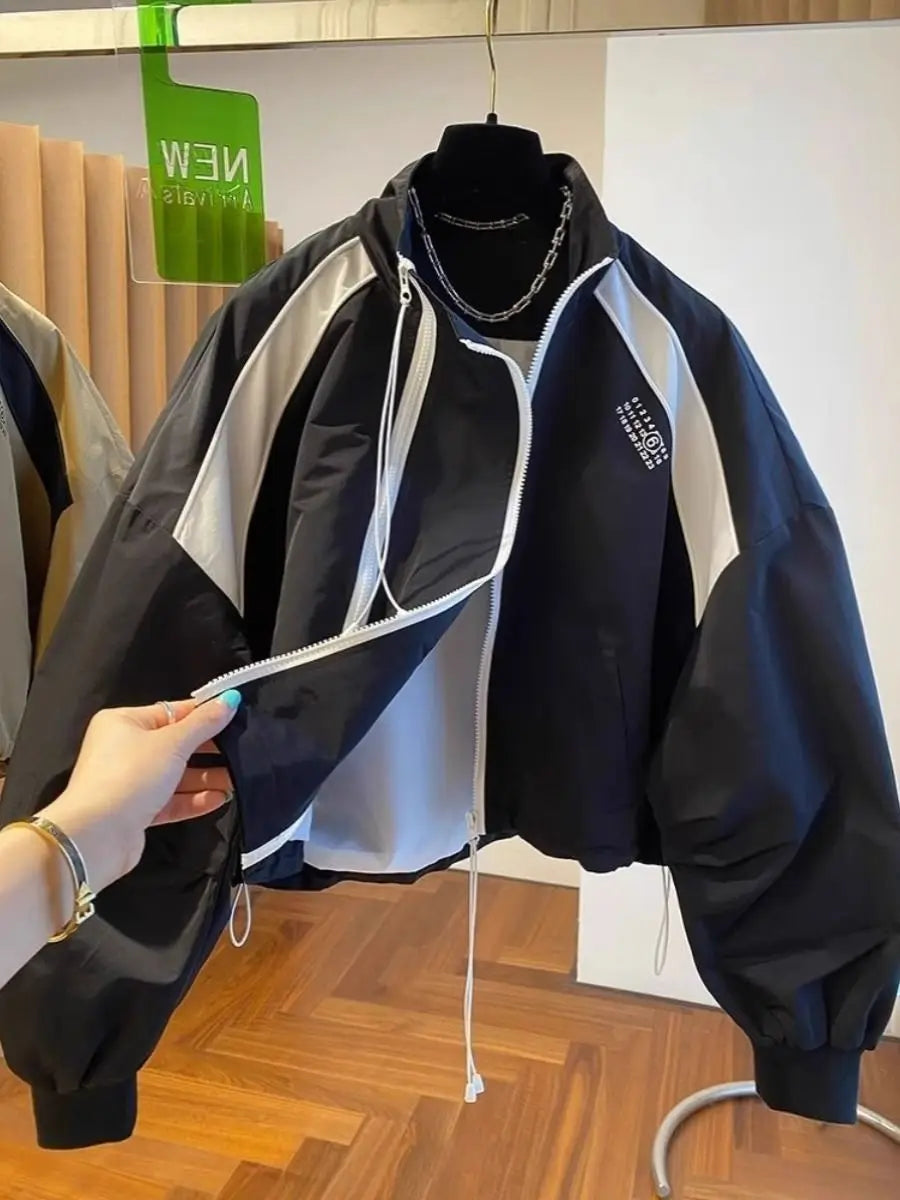 Design  niche loose casual stand up collar trench coat, women's spring and autumn short jacket double zipper