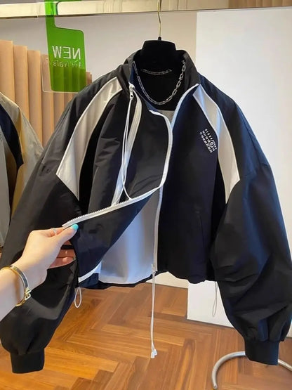 Design  niche loose casual stand up collar trench coat, women's spring and autumn short jacket double zipper