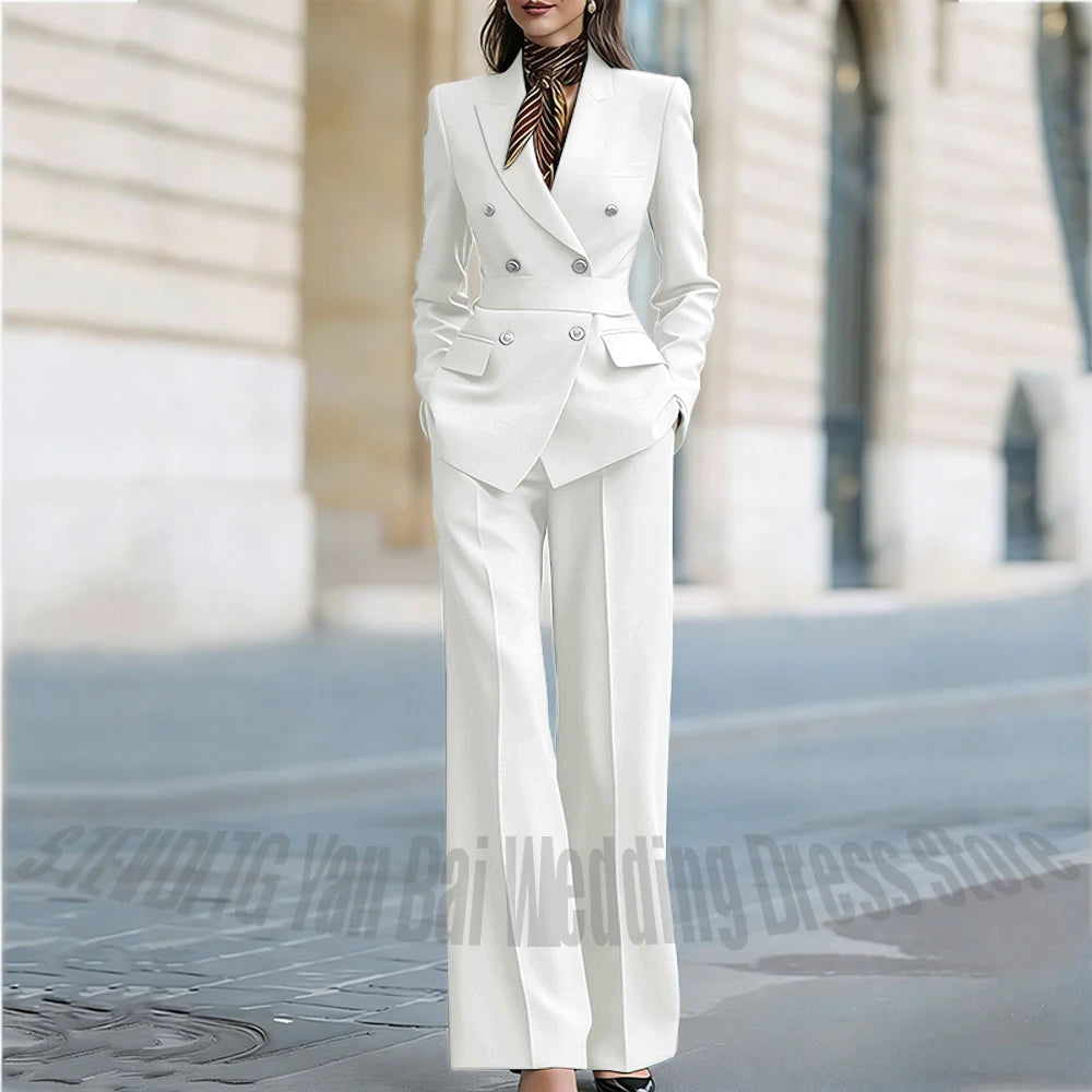 Customized Straight Women's Suits Two Pieces Classic Double Breasted Solid Color High Street Business Casual Office Suit Set