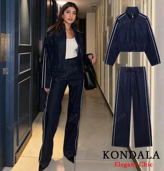 KONDALA Women High Street Denim Set Spring Fall Trendy Side Stripe Stand Collar Zipper Jacket Lace-up Pant 2026 Casual Pants Set