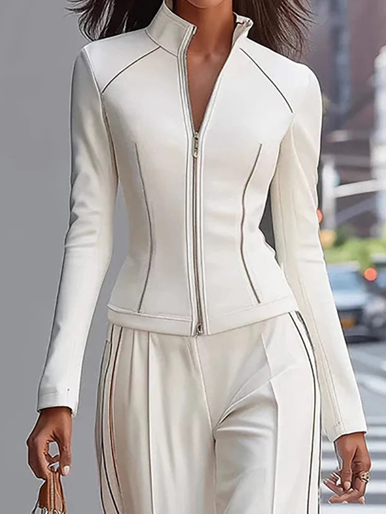 New Women's Half High Collar Long Sleeve Pullover Top And Wide Leg Pants Set Autumn Winter Patchwork Simple Outfit Two-Piece Set