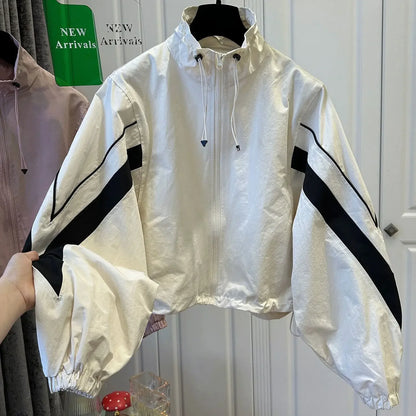 American retro drawstring black and white contrast stitching coat women's autumn new loose leisure sports baseball uniform