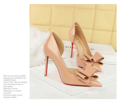 Nude Patent Leather Pointed Toe Stiletto Heel Pumps With Bow Cut Out High Heels For Wedding Party Prom Evening Formal Dress
