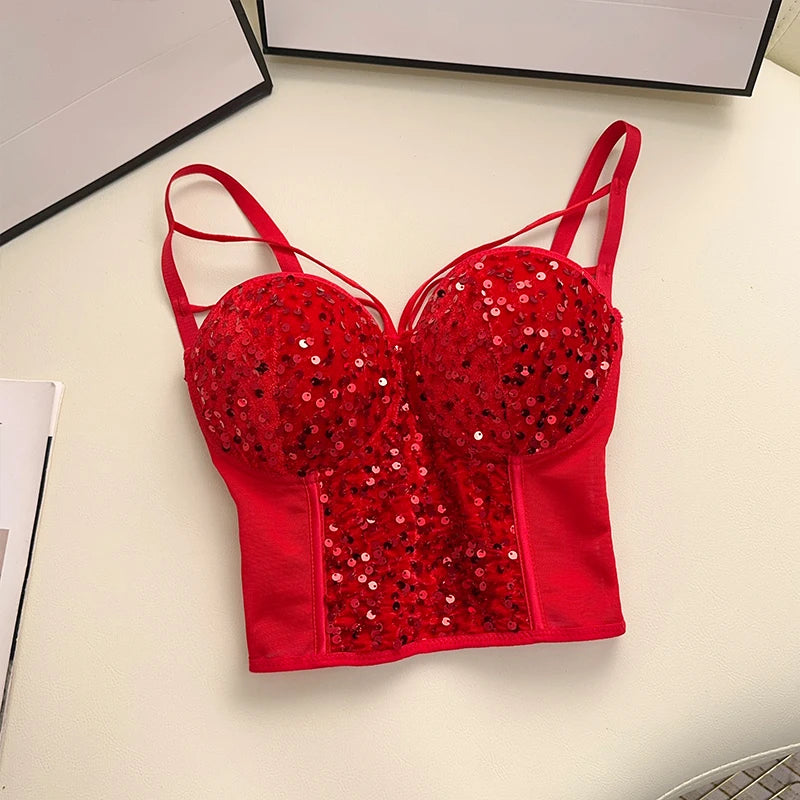 Sexy Sequins Tank Top Corset for Women Mesh Patchwork Backless Spaghetti Strap Camis Shiny Crop Tops Women's Clothing Dropship