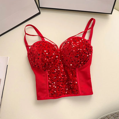 Sexy Sequins Tank Top Corset for Women Mesh Patchwork Backless Spaghetti Strap Camis Shiny Crop Tops Women's Clothing Dropship
