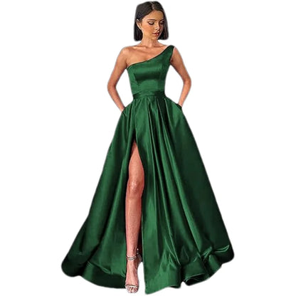 Customized Women's One Shoulder Prom Dresses Long Ball Gown High Slit Satin Corset Formal Dress Evening Gowns with Pockets