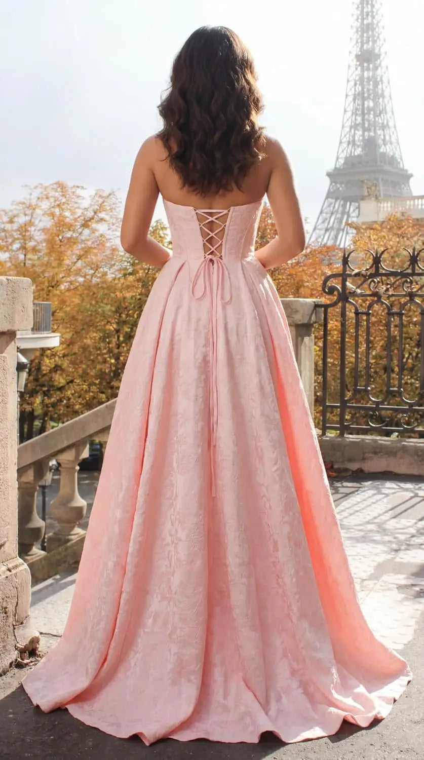 Women Elegant Jacquard Satin Prom Dresses with Slit Strapless Corset A Line Long Formal Gowns Evening Gowns Party Dresses