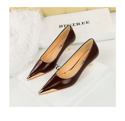 BIGTREE Retro Shallow Metal Pointed Toe High Heels Women Pumps  Stripper Elegant Party Thin Low Heels Black Heels Shoes