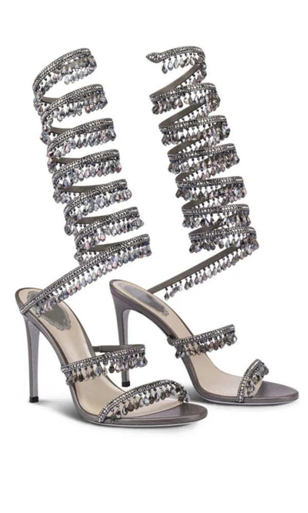 2024Women's New Water Diamond Sandals Fashion Tassel Crystal Shoes Sexy Banquet Party Twin Stiletto Women's Large Sandals