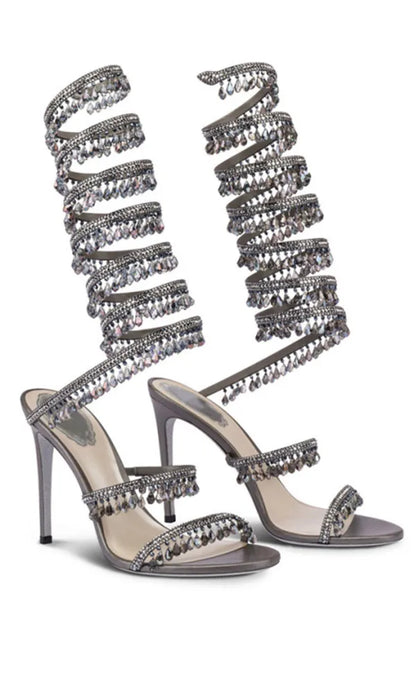 2024Women's New Water Diamond Sandals Fashion Tassel Crystal Shoes Sexy Banquet Party Twin Stiletto Women's Large Sandals