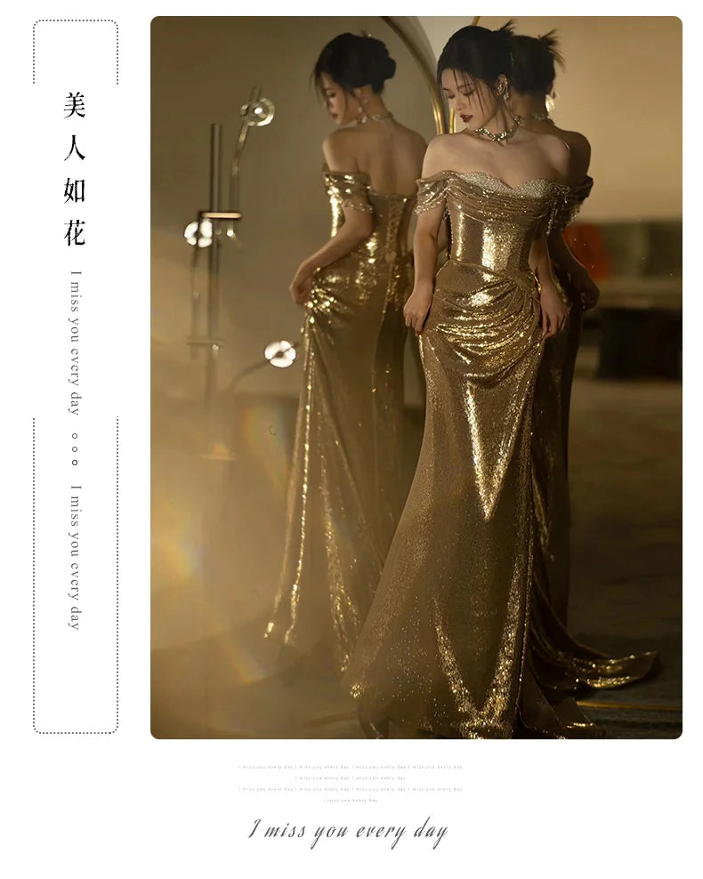 Mauroicardi Spring Autumn Praty Evening Dresses Woman Off Shoulder Backless Elegant Chic Luxury Floor Length Gold Sequin Clothes