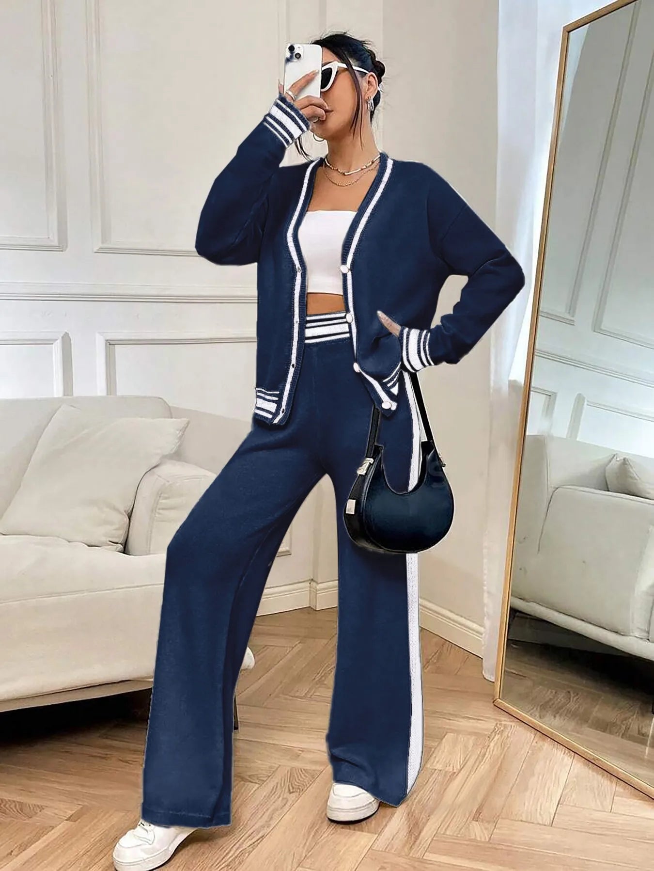 Women's Two-Piece Knit Set Contrast Trim Cardigan & Wide-Leg Pants Casual Loungewear (White/Navy Blue)