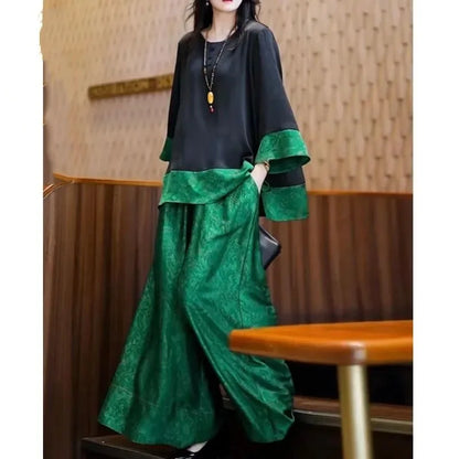 Summer Women Loose Satin Outfit Korean Ladies Leisure Seven Divide Sleeve Pants Two-piece Suit 2025 Female Large Size 4XL 2PCS