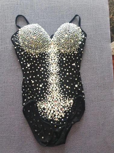 Women Sexy Pearl Strap Drag Queen Rhinestone Bodysuits Birthday Outfit Leotard Black Stage Wear 2025