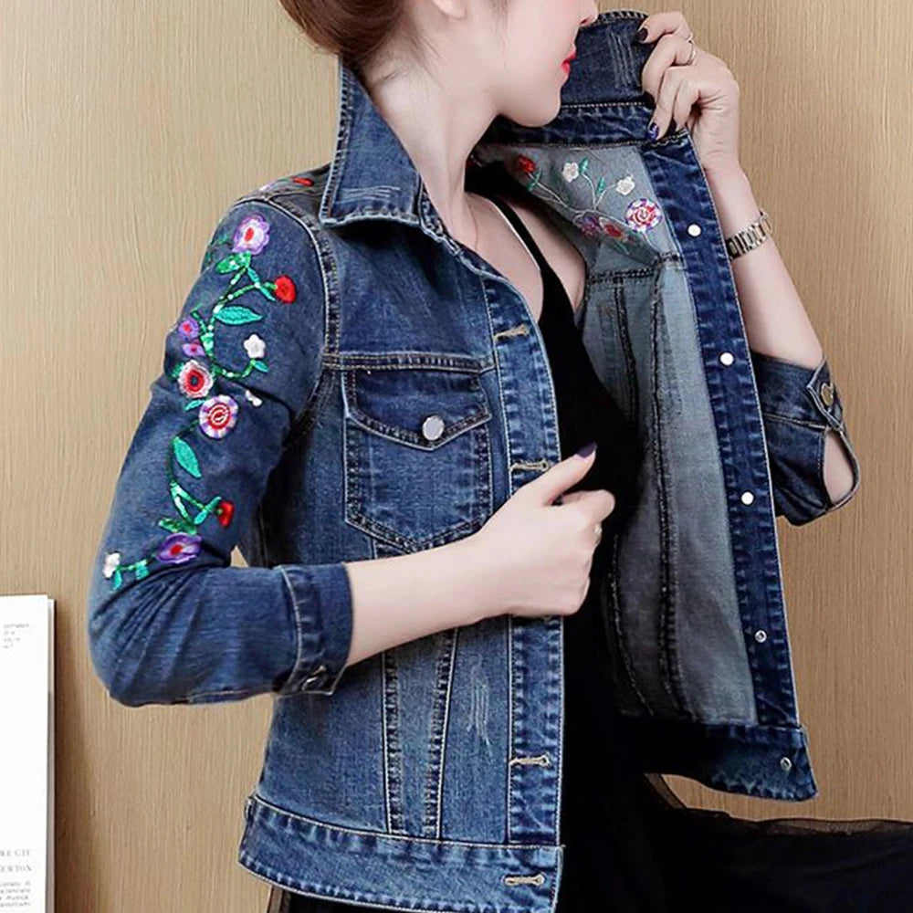 Embroidered denim jacket women's short 2025 spring and autumn new versatile elastic slim denim jacket Korean version jacket top