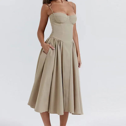 Vintage Floral Midi Dress Women's High Waist A-Line Sundress Green Dresses Summer Female 2025 Wedding Guest New White Evening