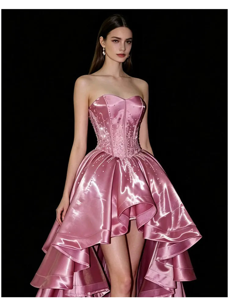Lautaro Spring Long Luxury Sleeveless Strapless Pink RhinestoneElegant Evening Party Wedding Birthday Prom Dress for Women Dress