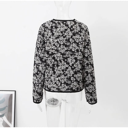 HH Floral Print Jacket For Women Autumn Quilted Reversible Cotton Coat Cardigan Long Sleeve Jackets Elegant Woman Streetwear