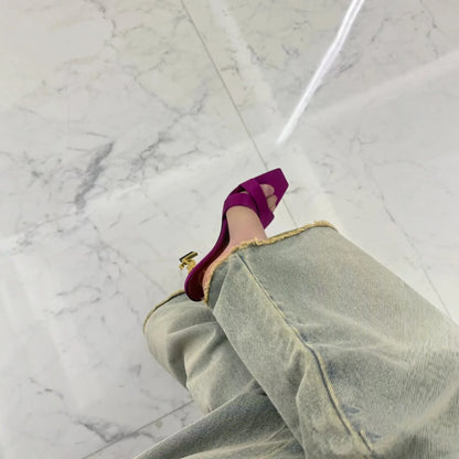 New 2026 Women's Fashionable Silk Satin Cross Band Metal Letter Heel Square Head High Heel Sandals Open Toe Stylish Pointed Toe